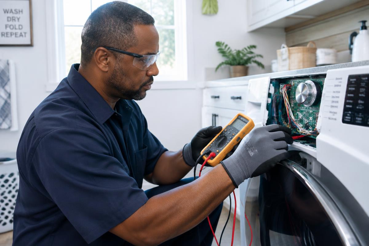 Technician testing a washer control board