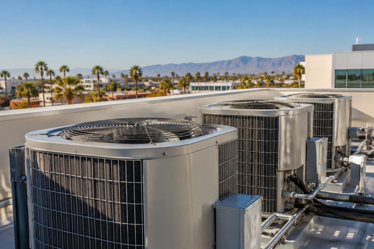 Rooftop HVAC condenser units in Southern California